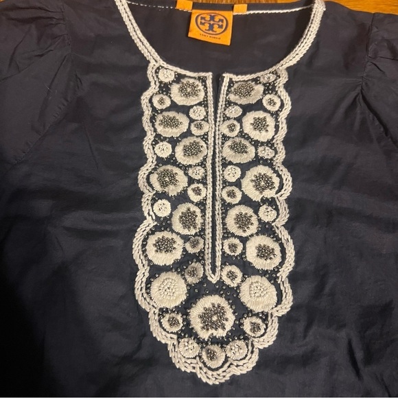 Tory Burch Semi-Sheer Embroidered Tunic Top in Navy Sz 2 Boho Chic Relaxed Fit - Picture 7 of 15